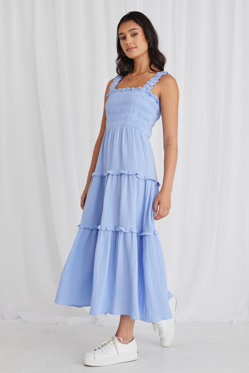 Worthy Powder Blue Shirred Tiered Strappy Maxi Dress WW Dress Among the Brave   