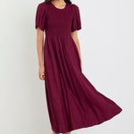 Wren Burgundy Plum SS Shirred Bodice Midi Dress