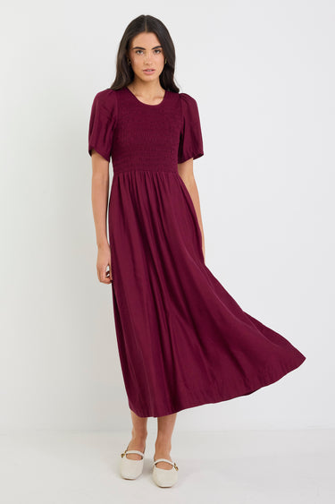 Wren Burgundy Plum SS Shirred Bodice Midi Dress