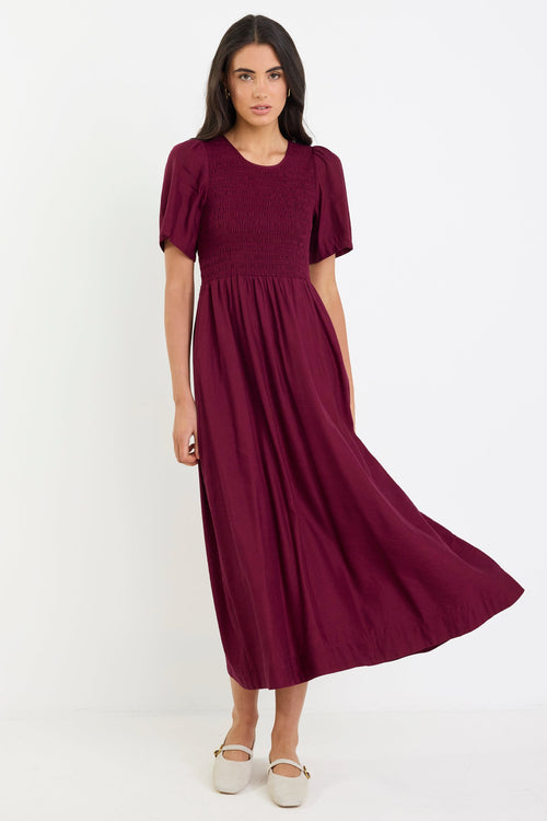 Shop Wren Burgundy Plum SS Shirred Bodice Midi Dress