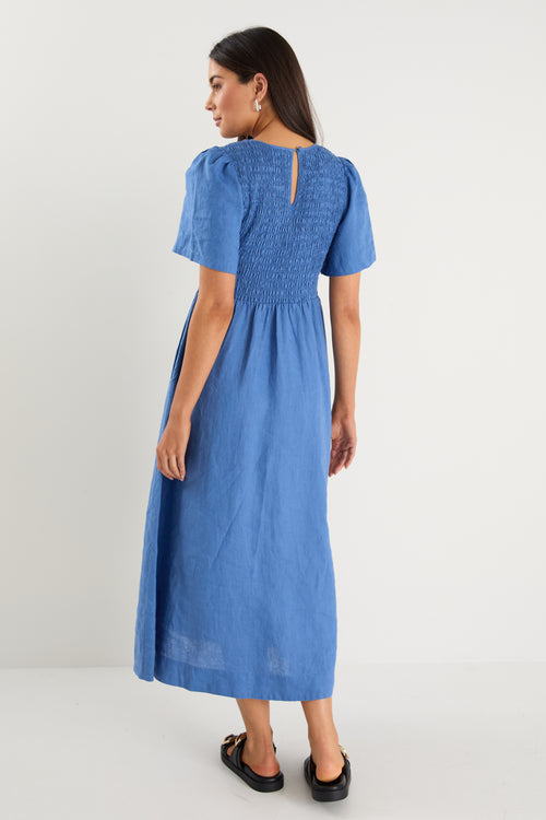 model wears a blue short sleeve midi dress with black sandals