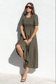 Wren Dark Olive Linen Blend SS Shirred Bodice Midi Dress