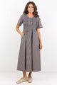 Wren Beige Navy Mini Gingham Cotton Short Sleeve Shirred Bodice Midi Dress