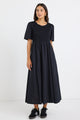 Wren Black Linen Blend SS Shirred Bodice Midi Dress