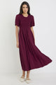 Wren Burgundy Plum SS Shirred Bodice Midi Dress