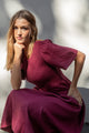 Wren Burgundy Plum SS Shirred Bodice Midi Dress