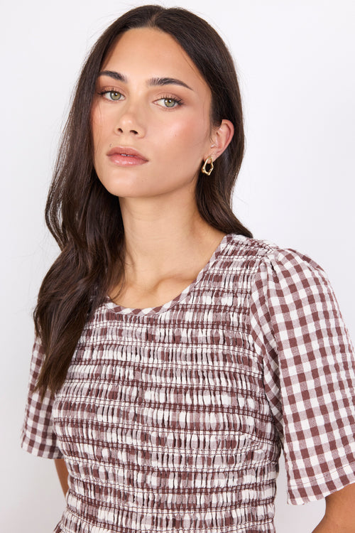 A woman wearing a brown and white gingham smocked blouse with short puff sleeves, shown from the chest up against a plain light background.