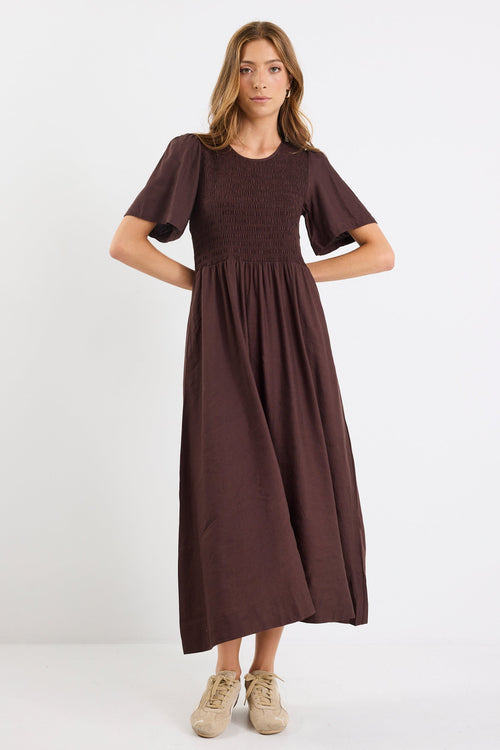 Shop Wren Chocolate Linen Blend SS Shirred Bodice Midi Dress | Flo & F Shop Wren Chocolate Linen Blend SS Shirred Bodice Midi Dress | Flo & F
