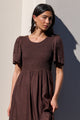 Wren Chocolate Linen Blend SS Shirred Bodice Midi Dress