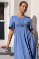 Wren Cornflower Blue Linen SS Shirred Bodice Midi Dress