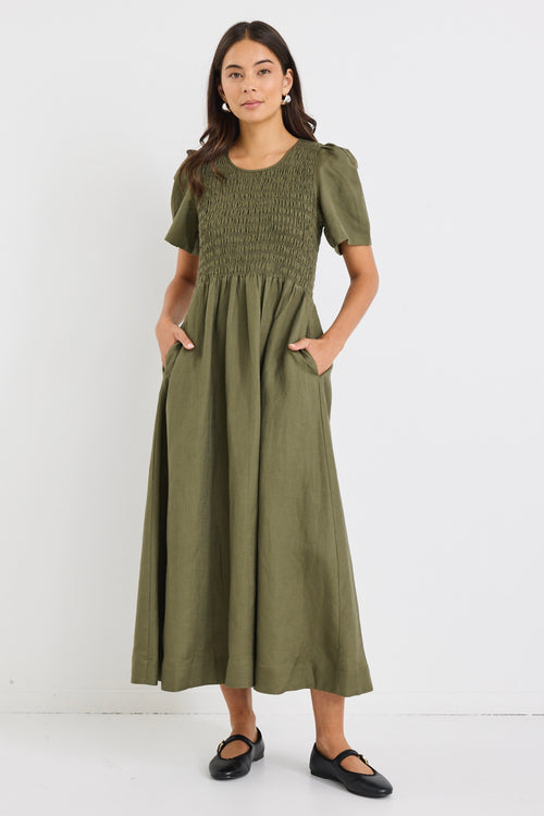 Shop Wren Khaki Linen Blend SS Shirred Bodice Midi Dress | Flo & Frank Shop Wren Khaki Linen Blend SS Shirred Bodice Midi Dress | Flo & Frank