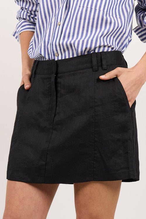A model wearing a black high-waisted mini skirt with side pockets, paired with a blue and white striped shirt and black heeled thong sandals, standing against a plain white studio background.