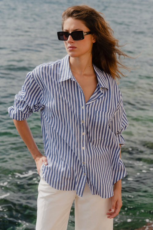 Model wears blue stripe shirt 