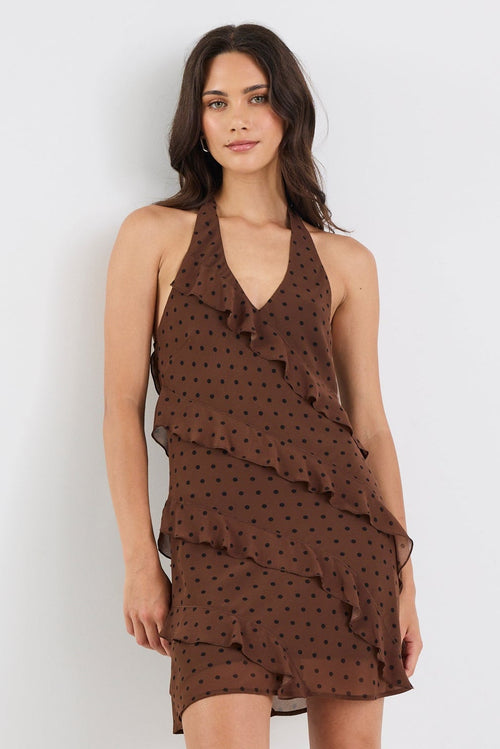 Shop Zeal Mocha Ditsy Polka Dot Halter Neck Bias Ruffle Mini Dress | F Shop Zeal Mocha Ditsy Polka Dot Halter Neck Bias Ruffle Mini Dress | F