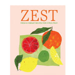 Book cover of 'Zest' with illustrations of citrus fruits on a pink background