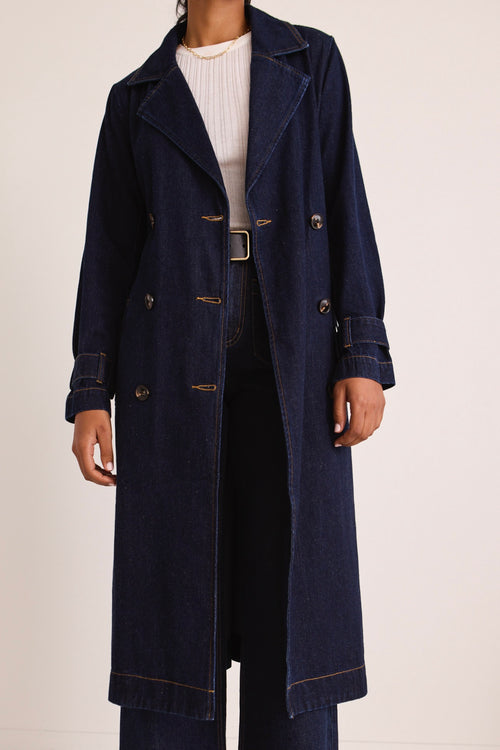 model wears a Blue Denim Trench Coat