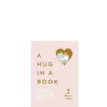 Book cover with heart design and text 'A Hug in a Book' on a pink background