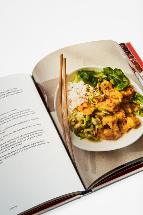 Pages with image of food and text from cookbook titled 