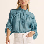 Adage Sea Blue Front Button Lace Detail SS Top