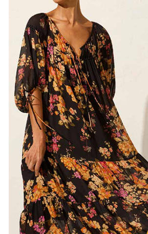 Autumn Black Floral Mid Sleeve Maxi Dress