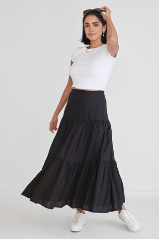 Blazing Black Tiered Linen Midi Skirt