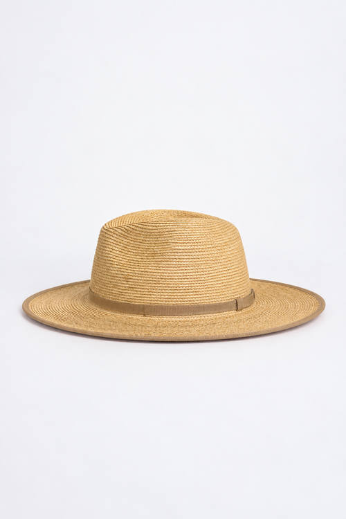 A natural straw fedora hat with a wide brim and a thin brown band around the crown, photographed against a clean white background.