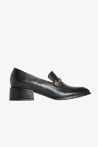 Castella Black Leather Gold Chain Loafer