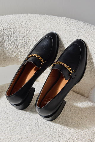 Castella Black Leather Gold Chain Loafer