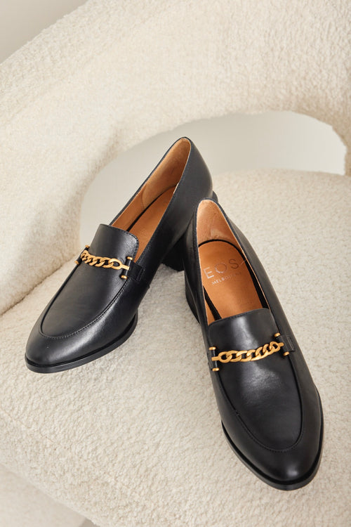Shop Castella Black Leather Gold Chain Loafer | Flo & Frankie Shop Castella Black Leather Gold Chain Loafer | Flo & Frankie