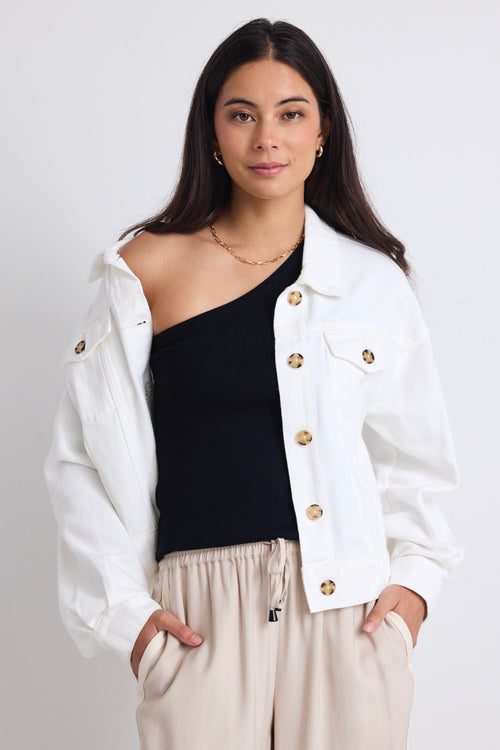 model wears a white jacket