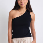 model wears a black one shoulder top