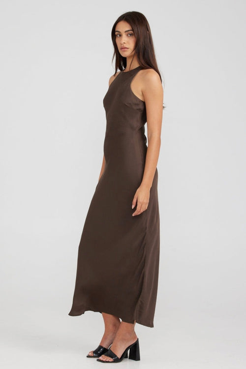 model wears a brown maxi dress