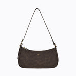 Brown handbag with a strap on a white background