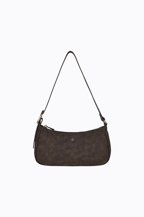 Brown handbag with a strap on a white background