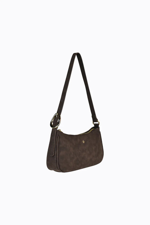 Brown handbag with a black strap on a white background