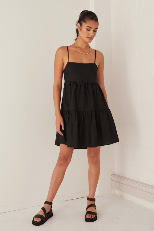 Strappy Linen Mini Dress - Black