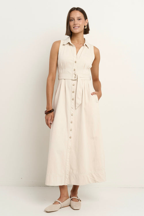 Shop Crescent Ecru Denim Sleeveless Midi Shirt Dress | Flo & Frankie Shop Crescent Ecru Denim Sleeveless Midi Shirt Dress | Flo & Frankie