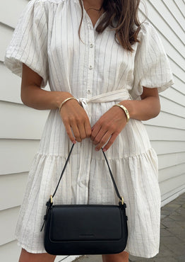 Delphi Ivory Stripe Drop Waist Belted Mini Dress