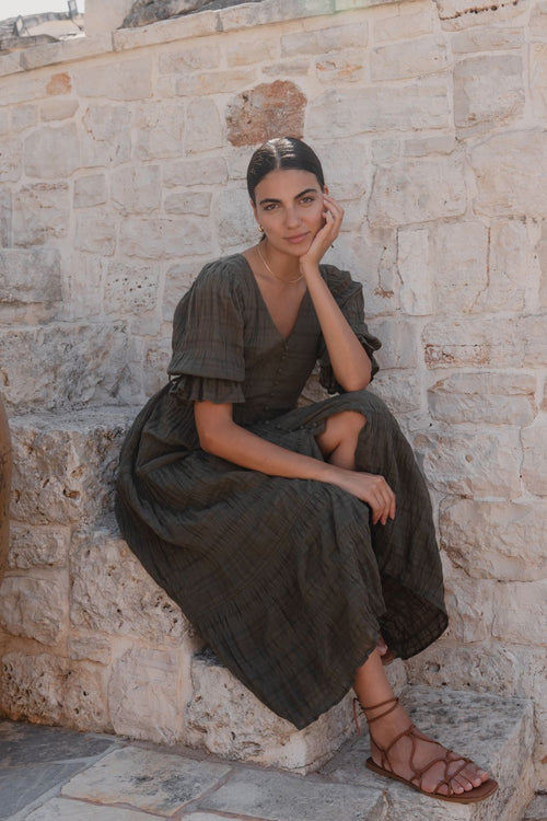 Shop Dreamy Khaki Bubble SS Button Front Tiered Maxi Dress | Flo & Fra Shop Dreamy Khaki Bubble SS Button Front Tiered Maxi Dress | Flo & Fra