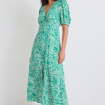 Elemental Green Batik Print Short Sleeve Button Front Midi Dress