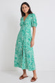 Elemental Green Batik Print Short Sleeve Button Front Midi Dress