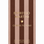 A wrapped chocolate bar in a rectangular foil wrapper with vertical brown and dusty rose stripes, gold foil text reading 'ESPRESSO MARTINI' and 'CHEERS TO YOU!', on a white background.