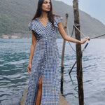 Flawless Navy Gingham Cotton Fluted Sleeve Button Front Midi Dress