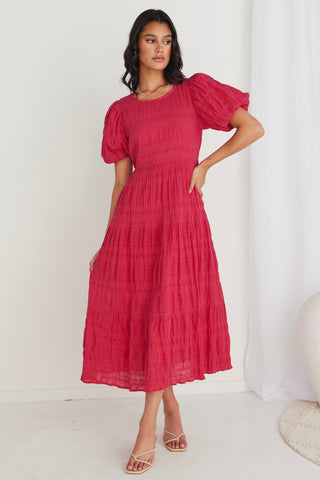 Graceful Raspberry Shirred Cotton Bubble Sleeve Tiered Maxi Dress WW Dress Ivy + Jack   