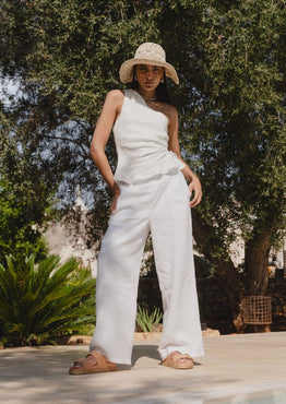 Guardian White Linen Pleat Front Wide Leg Pant