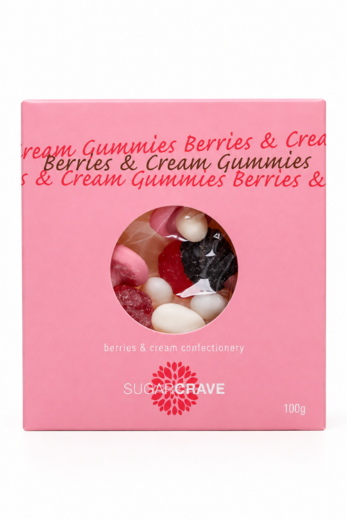 A pink box of Sugarcrave Berries & Cream Gummies, featuring a circular window that displays the assorted gummies inside, set against a plain white background.
