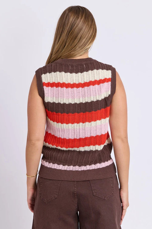 A woman shown from the back wearing a sleeveless ribbed knit sweater vest with horizontal stripes in brown, cream, light pink, and red, paired with brown pants against a light gray studio background.