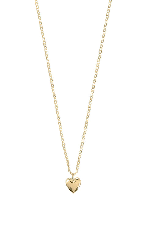 Gold heart-shaped pendant necklace on a white background