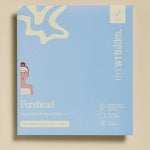 A square skincare product box for 'mywrinkles. Forehead' in a light blue color, featuring minimalist illustrations of a face and forehead, set against a solid beige background.