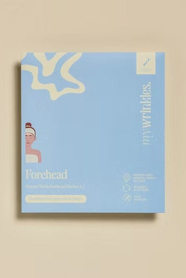 A square skincare product box for 'mywrinkles. Forehead' in a light blue color, featuring minimalist illustrations of a face and forehead, set against a solid beige background.